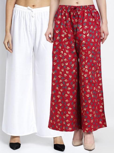 gracit white & maroon flared fit palazzos - pack of 2