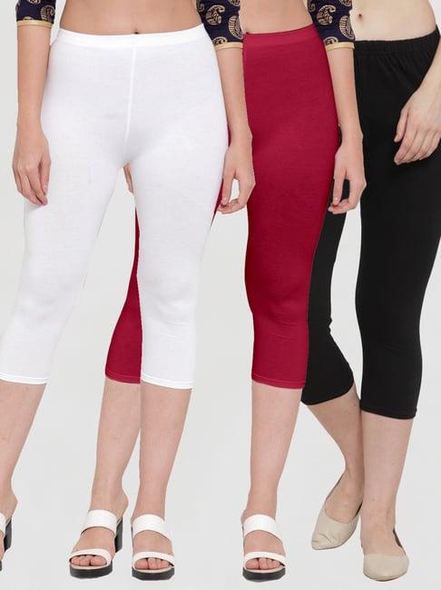 gracit white & maroon mid rise capris - pack of 3