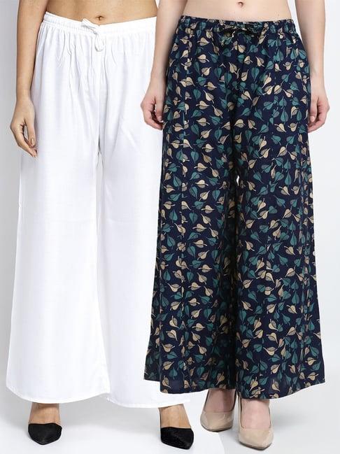 gracit white & navy flared fit palazzos - pack of 2