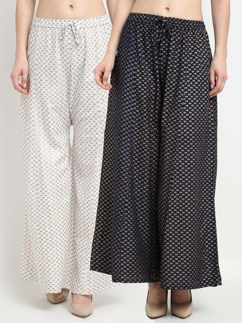 gracit white & navy printed palazzos - pack of 2