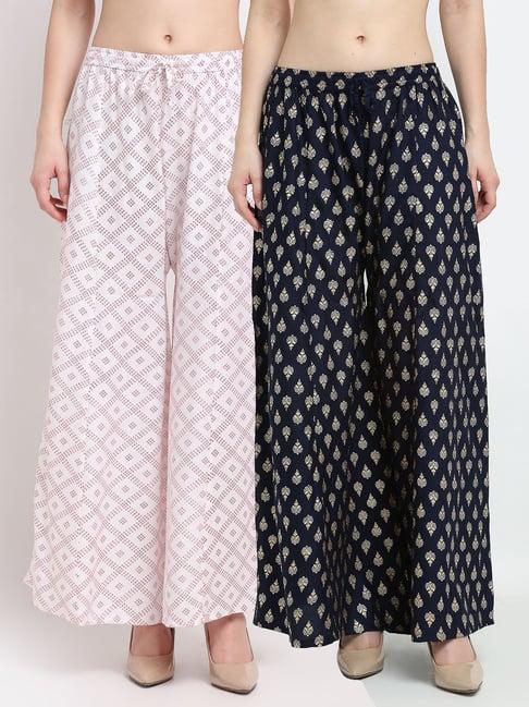 gracit white & navy printed palazzos - pack of 2