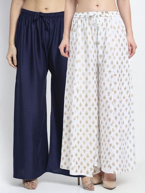 gracit white & navy printed palazzos - pack of 2