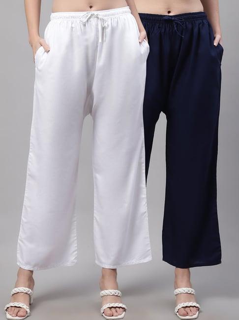 gracit white & navy rayon palazzos - pack of 2