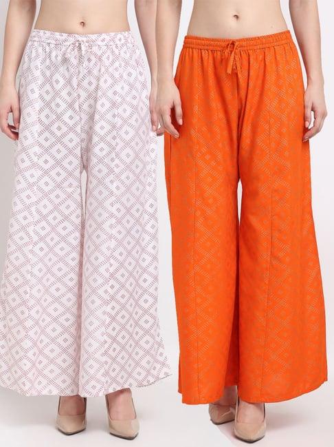 gracit white & orange printed palazzos - pack of 2