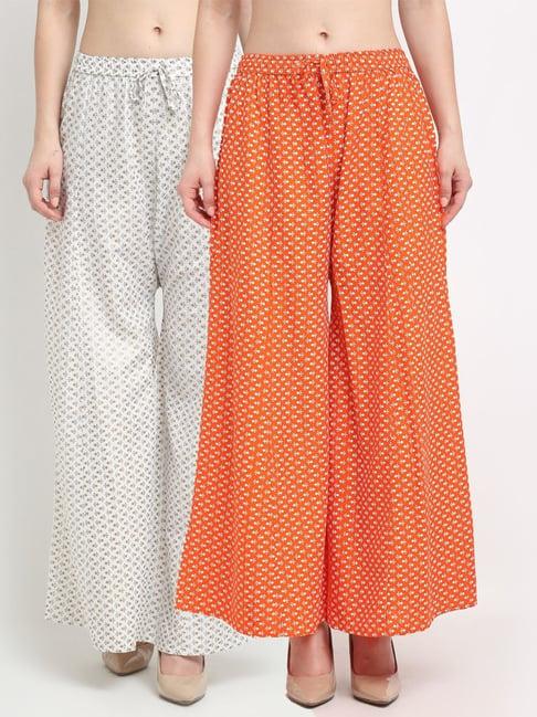 gracit white & orange printed palazzos - pack of 2