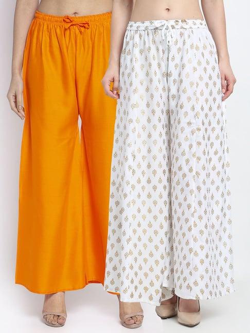 gracit white & orange printed palazzos - pack of 2