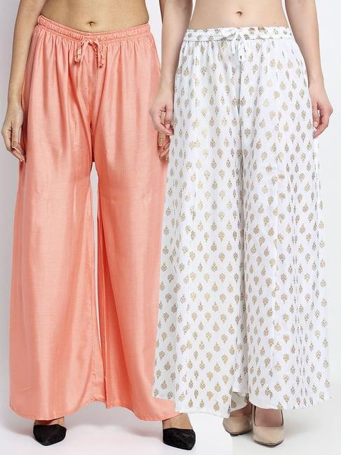 gracit white & peach printed palazzos - pack of 2