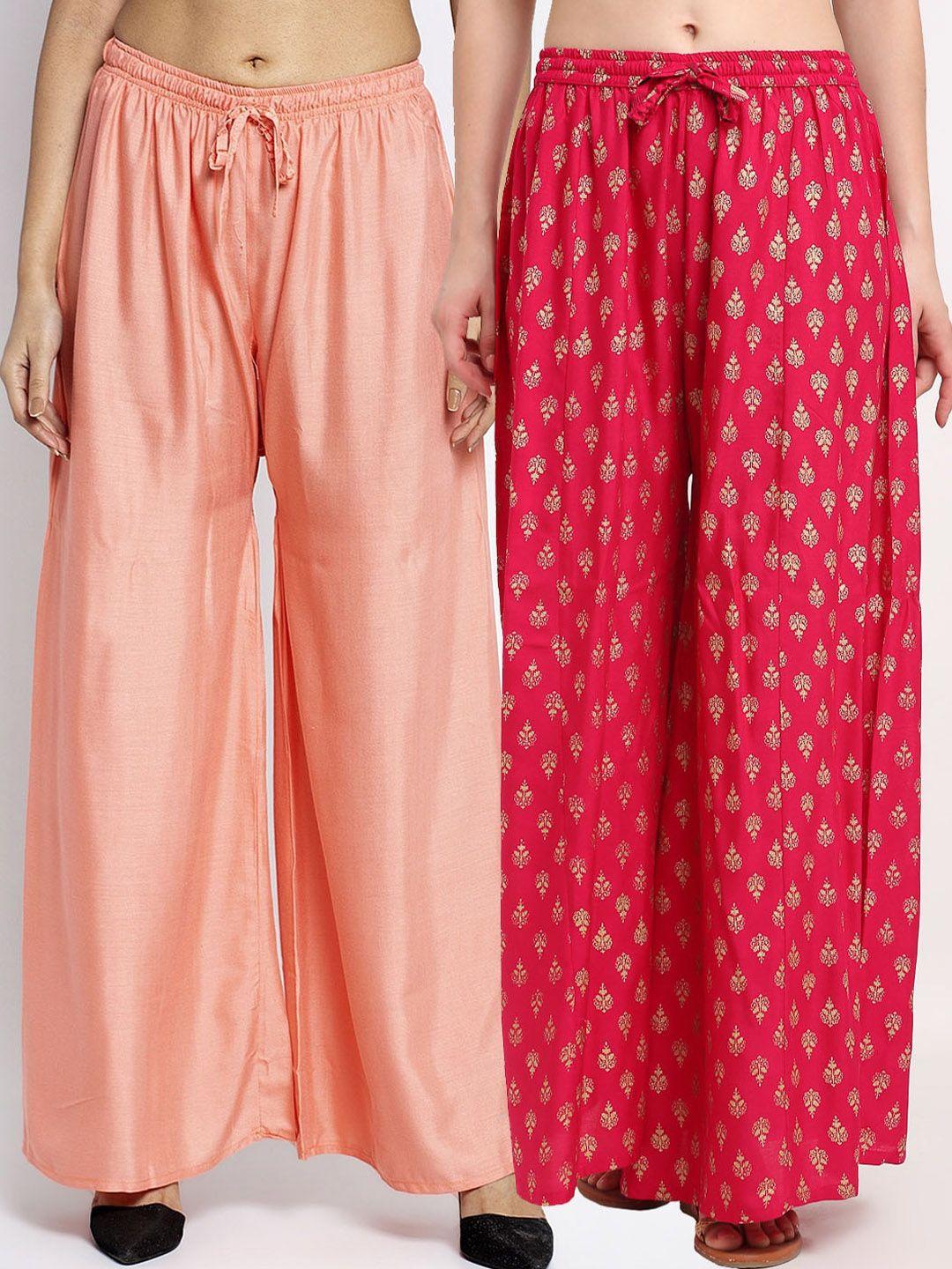 gracit woman pack of 2 peach-coloured & red flared knitted ethnic palazzos