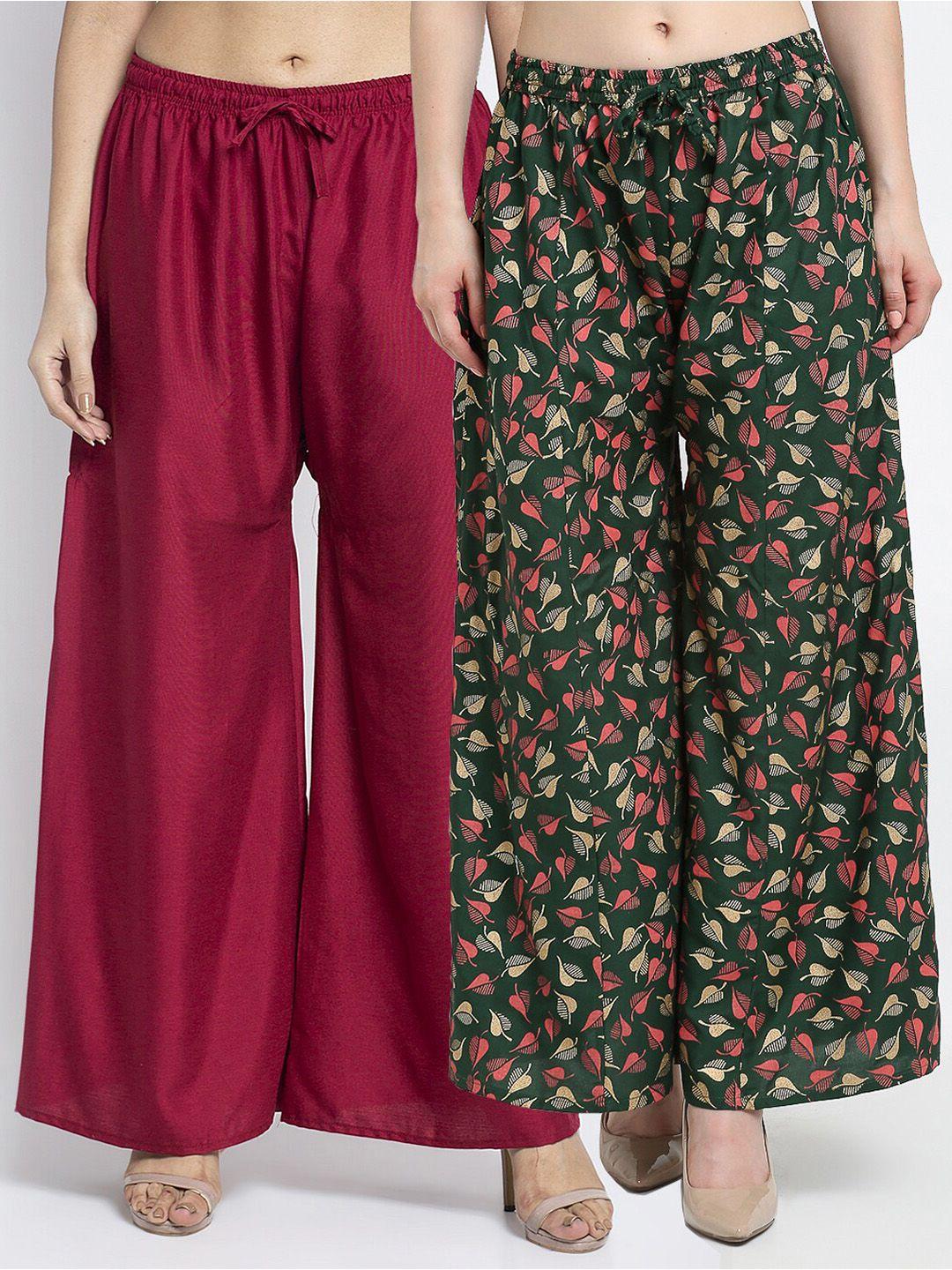 gracit women  pack of 2 maroon & green flared knitted ethnic palazzos