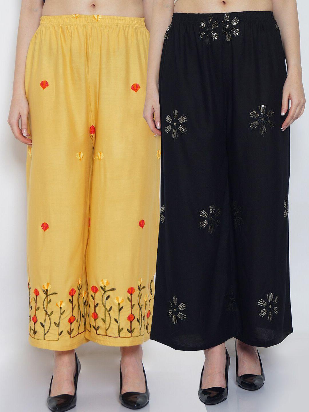 gracit women black & beige pack of 2 floral embroidered ethnic palazzos