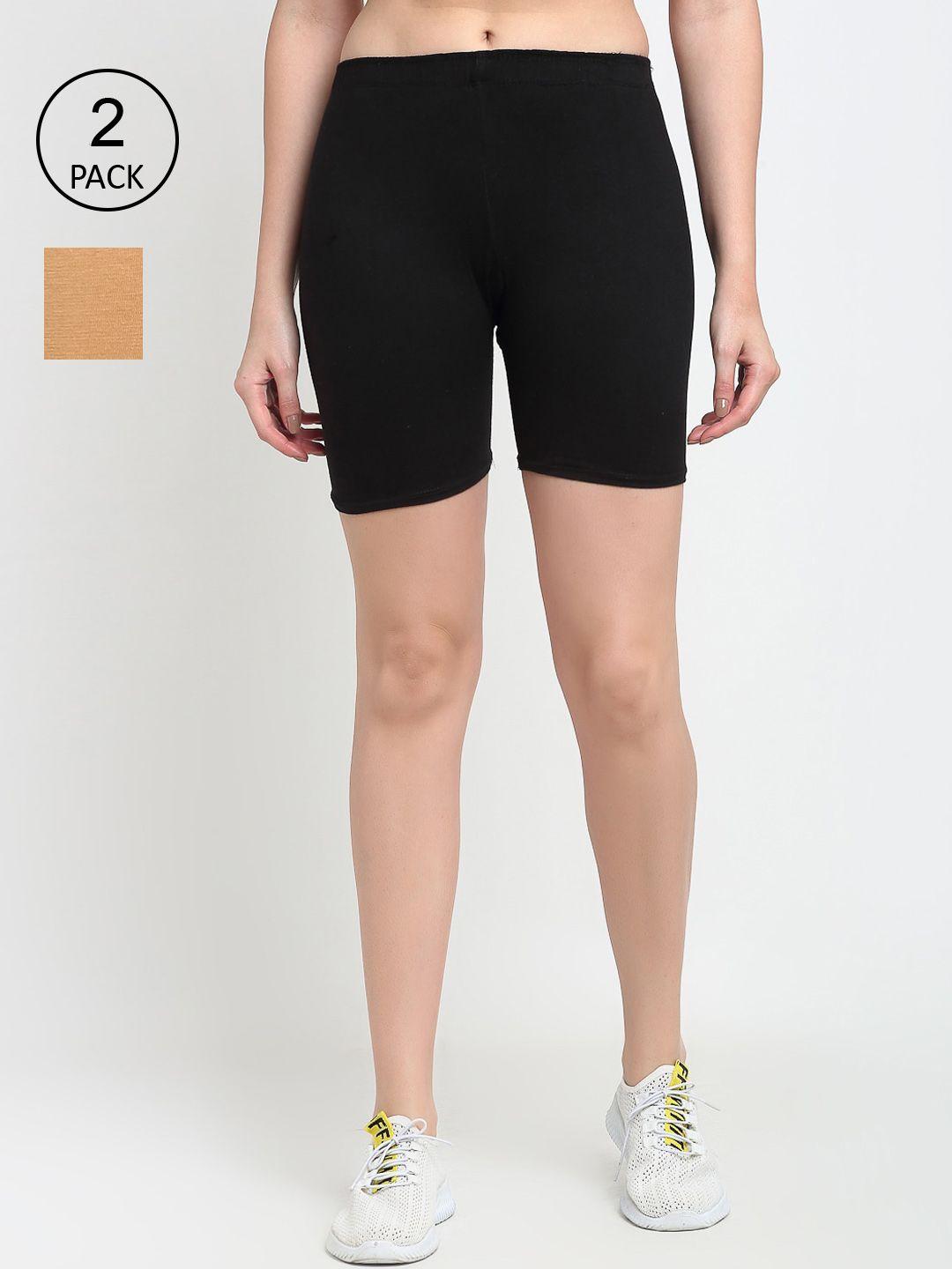 gracit women black & beige set of 2 biker shorts
