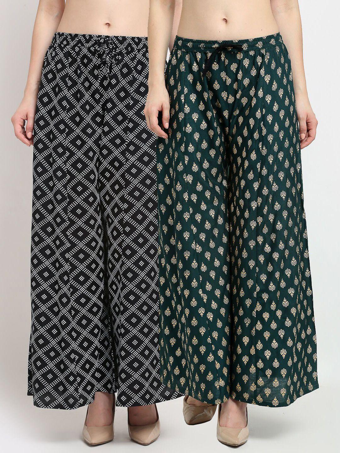 gracit women black & green 2 printed flared knitted ethnic palazzos