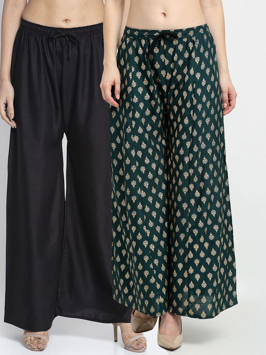 gracit women black & green pack of 2 flared ethnic palazzos