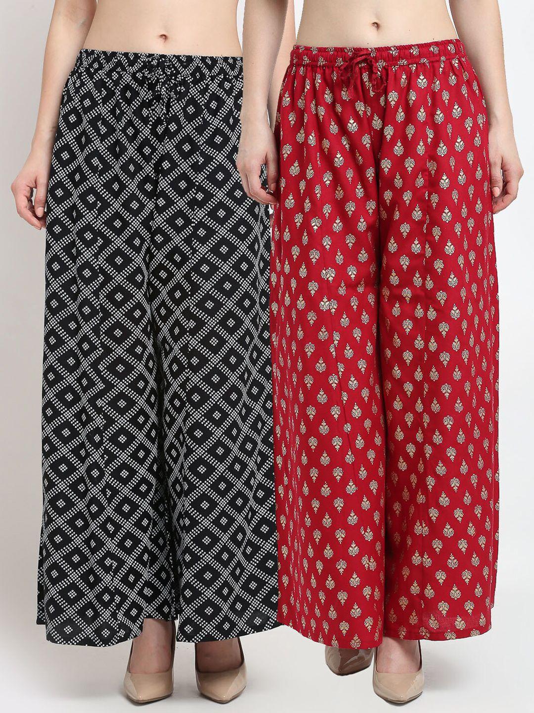 gracit women black & maroon 2 printed flared knitted ethnic palazzos
