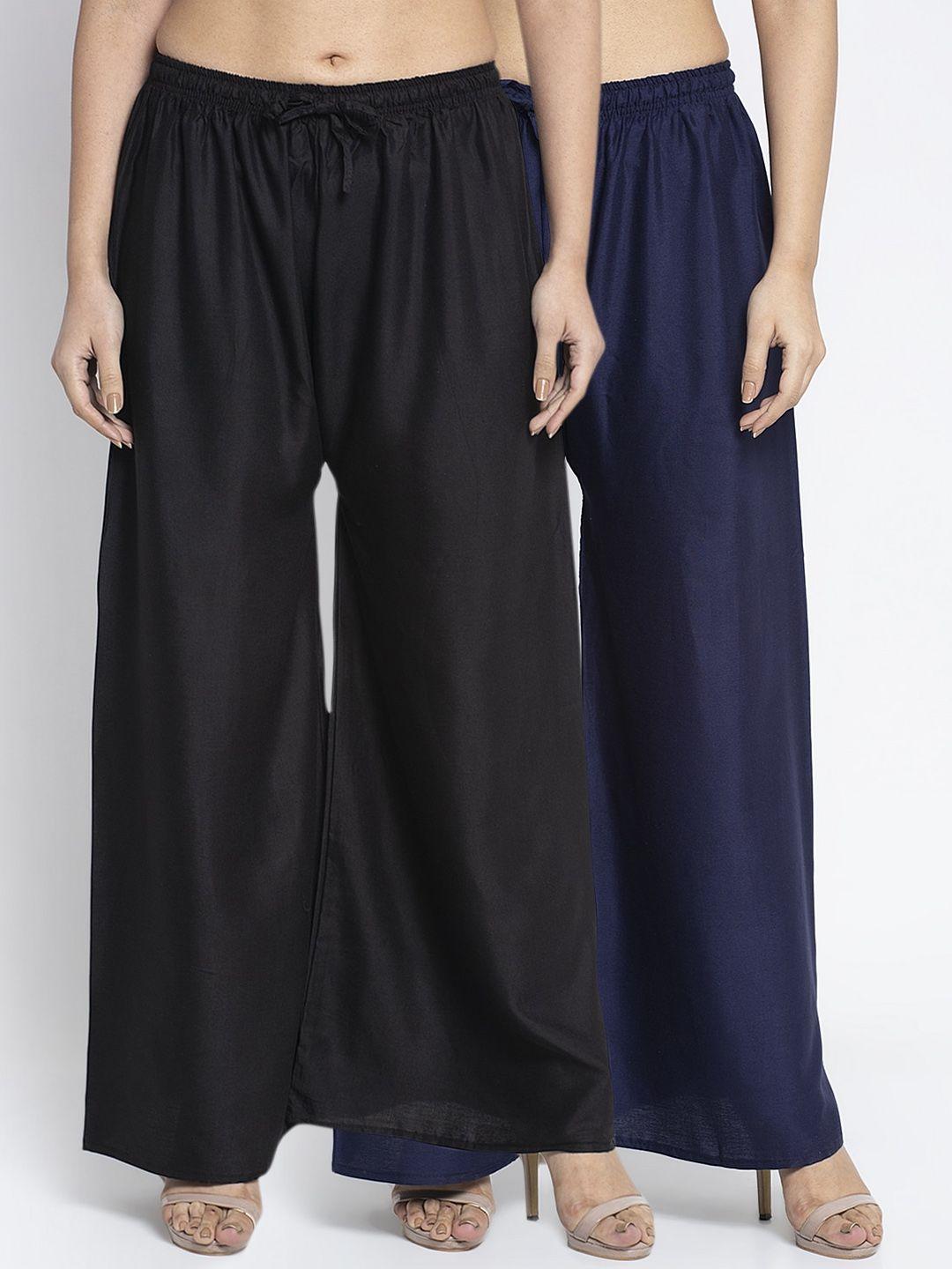 gracit women black & navy blue solid wide leg palazzos