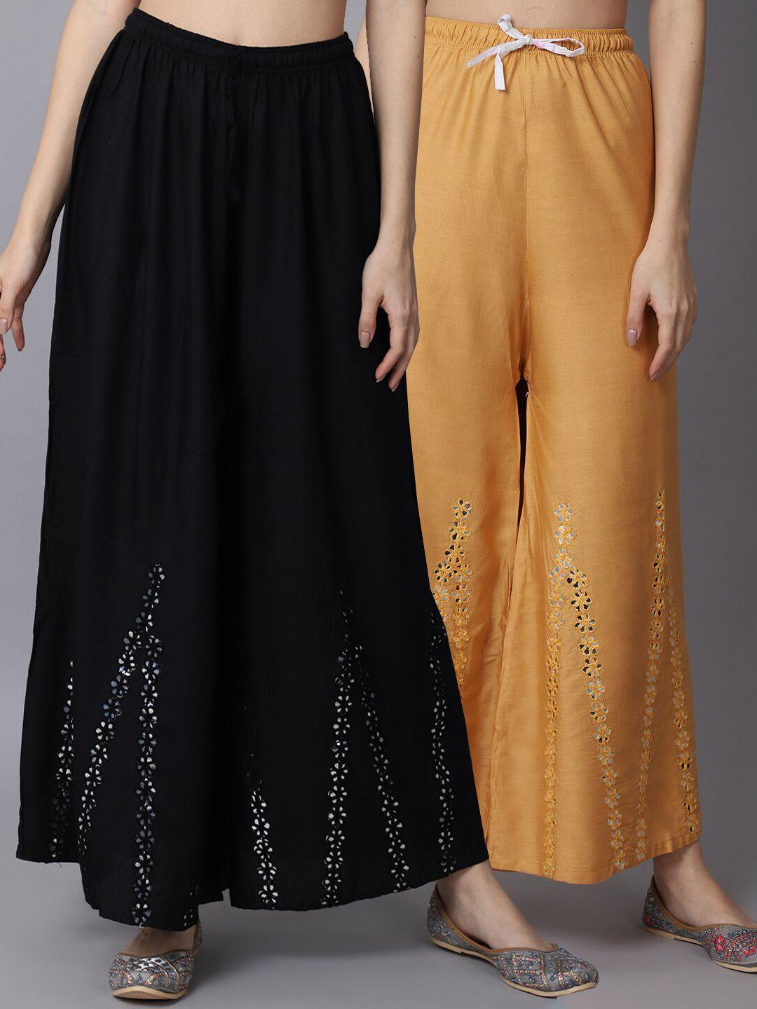 gracit women black & nude-coloured pack of 2 floral flared ethnic palazzos