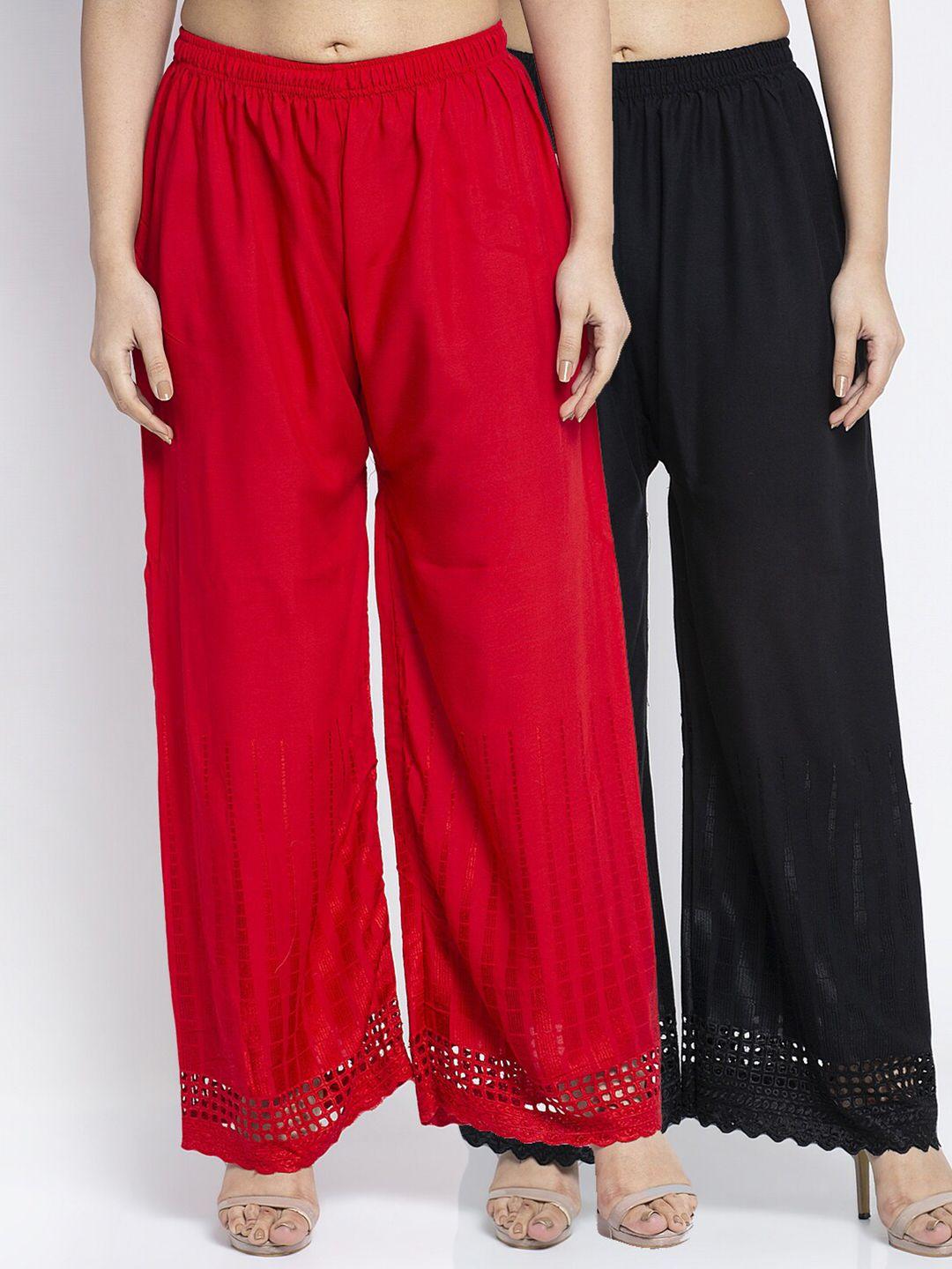 gracit women black & red pack of 2 hem design wide leg fit ethnic palazzos