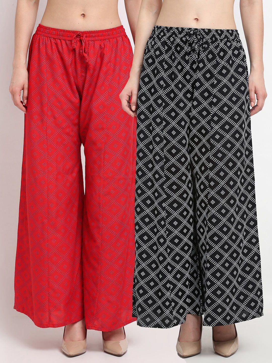 gracit women black & red printed flared knitted palazzos pack of 2