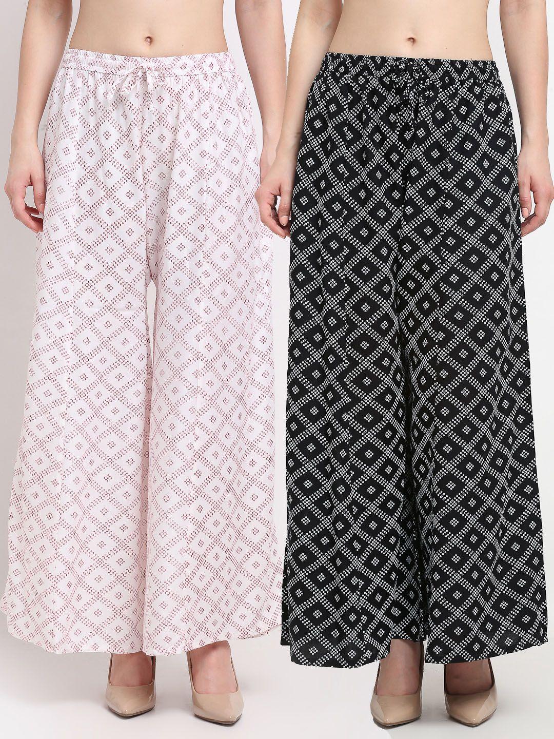 gracit women black & white set of 2 printed flared ethnic palazzos