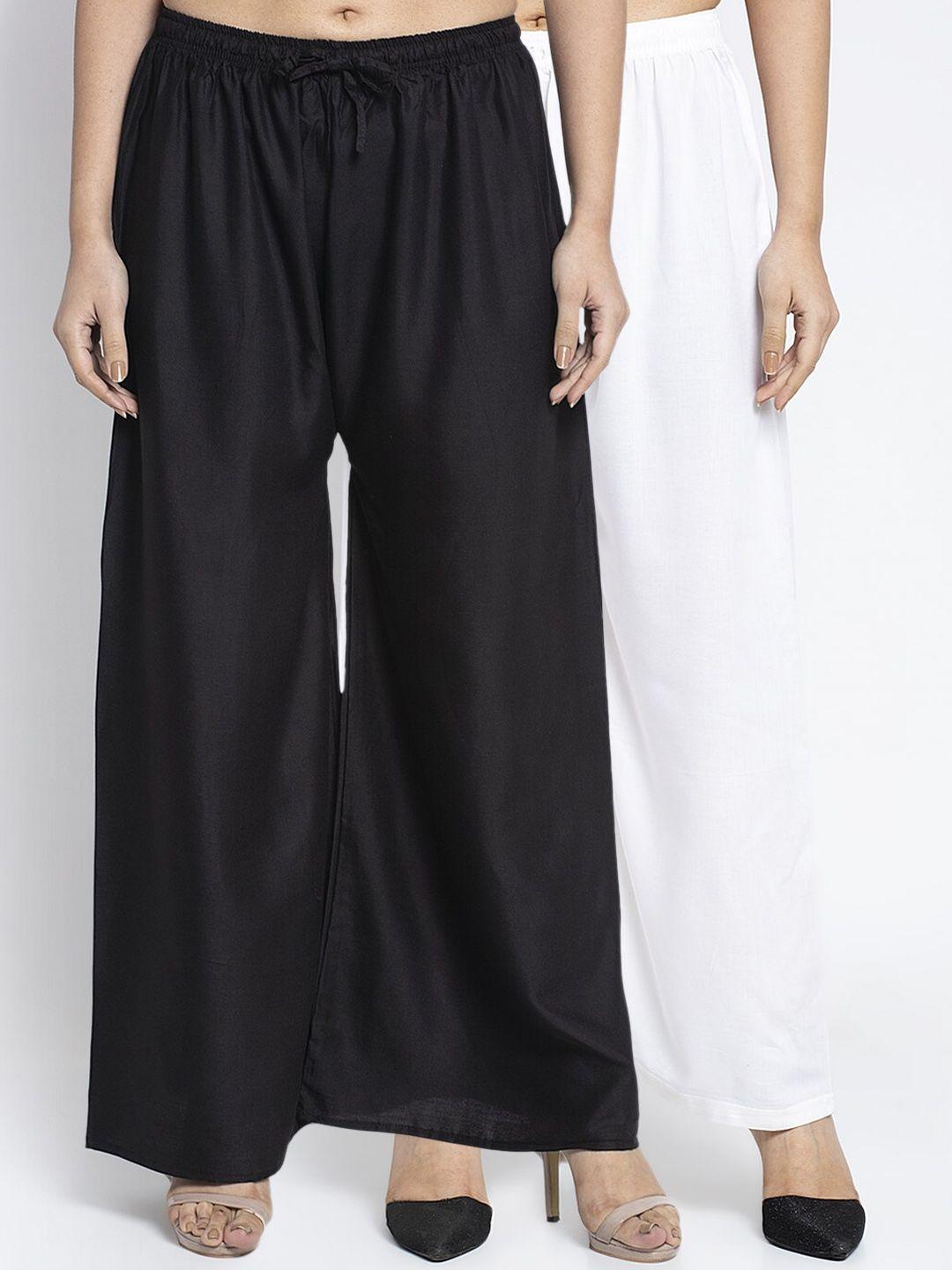 gracit women black & white set of 2 solid wide leg palazzos