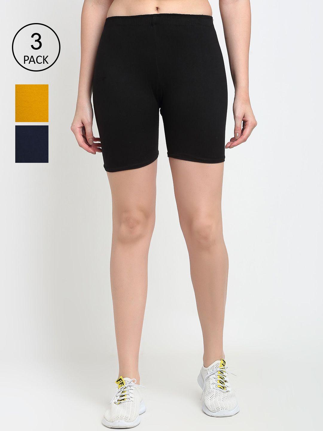 gracit women black & yellow set of 3 biker shorts