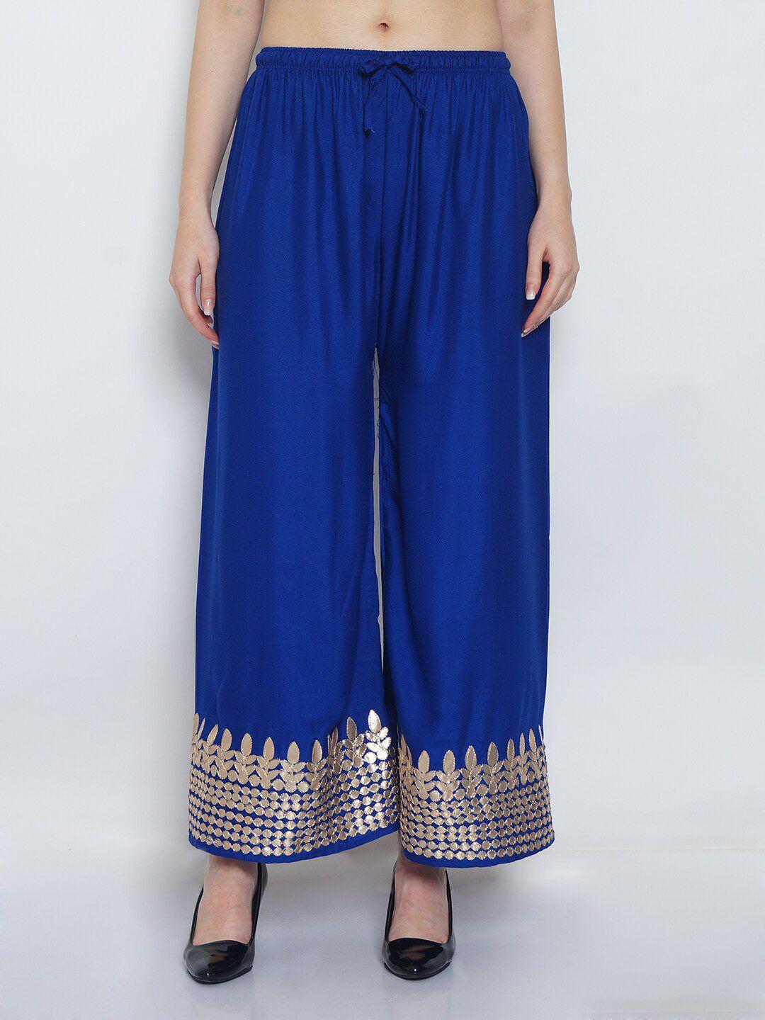 gracit women blue & gold ethnic gota embroidered flared ethnic palazzos