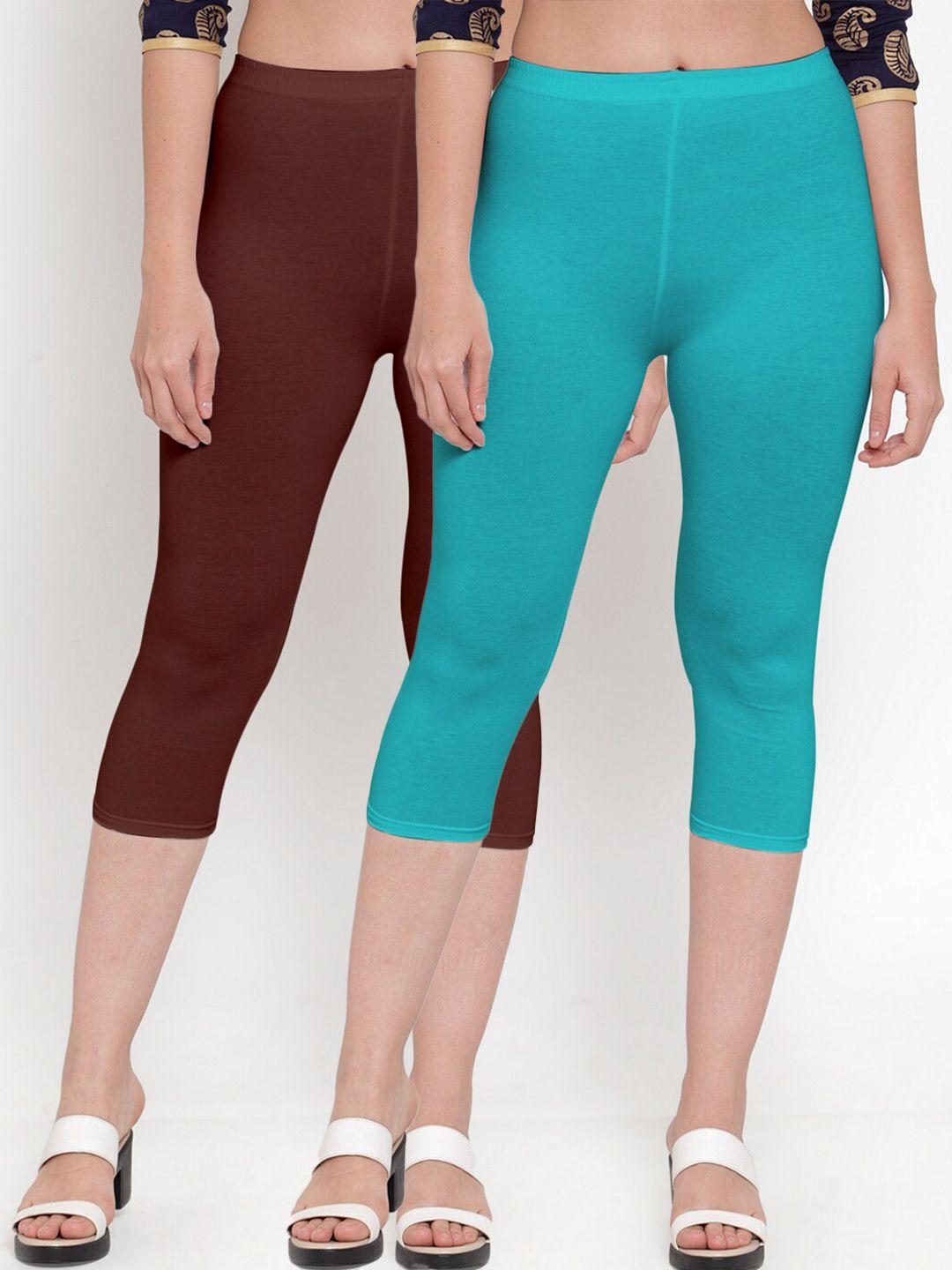 gracit women brown & turquoise blue set of 2 cotton lycra capris