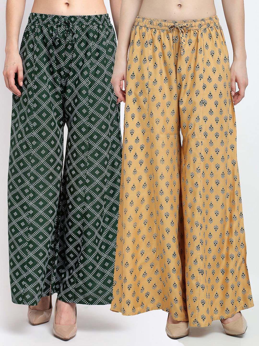 gracit women green & beige 2 printed knitted ethnic palazzos