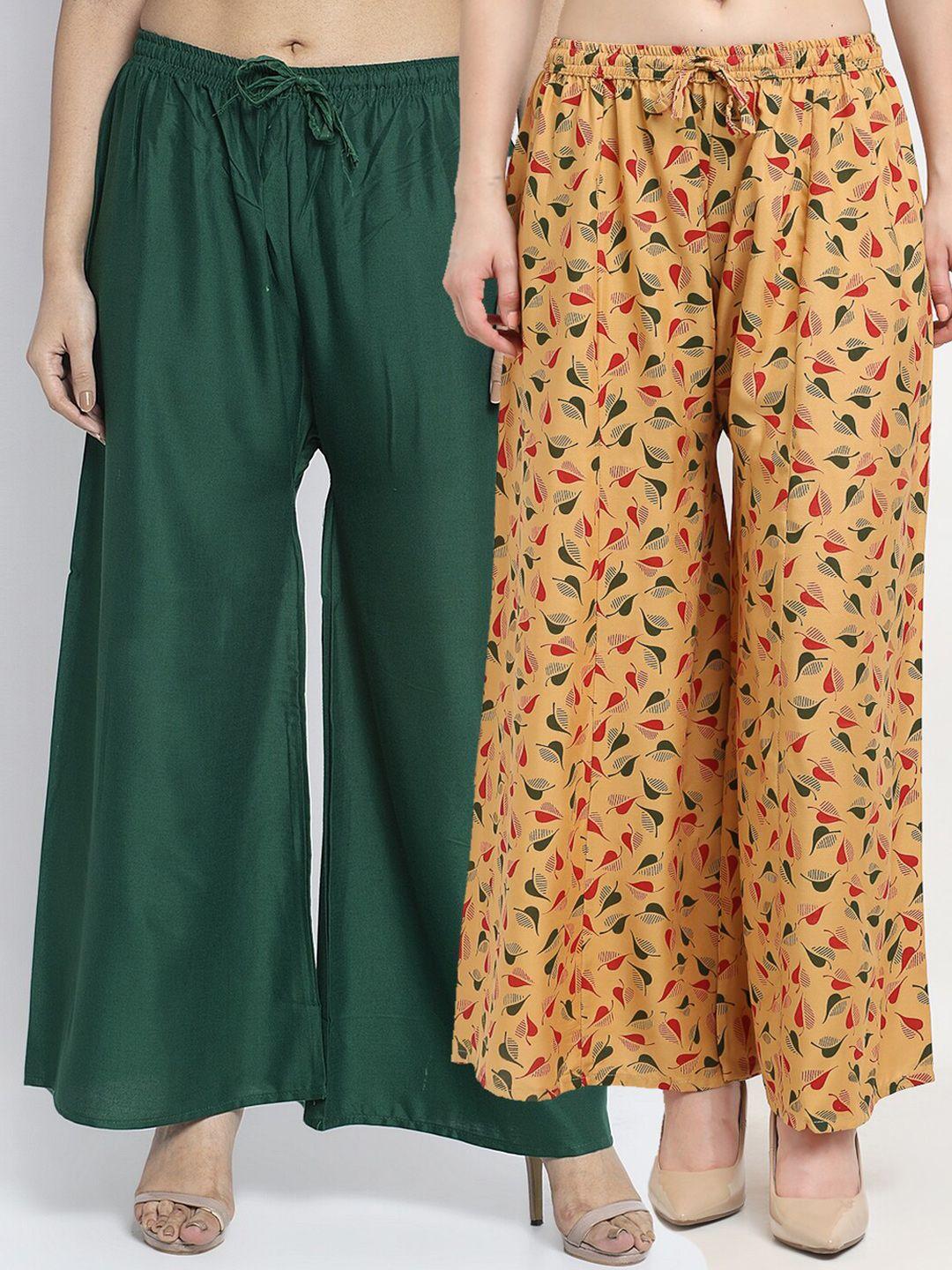 gracit women green & beige pack of 2 floral printed flared palazzos