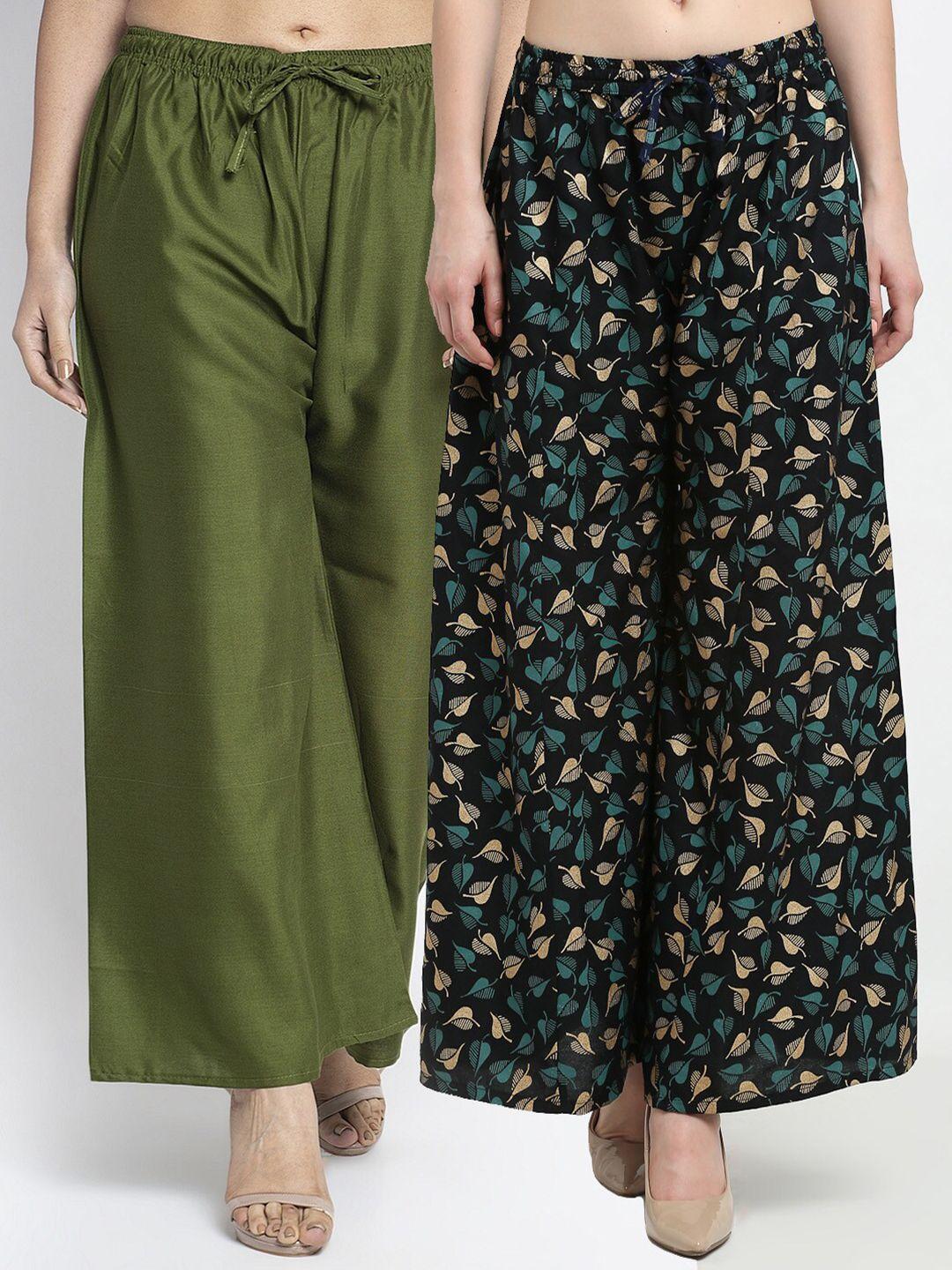 gracit women green & black set of 2 floral printed flared ethnic palazzos