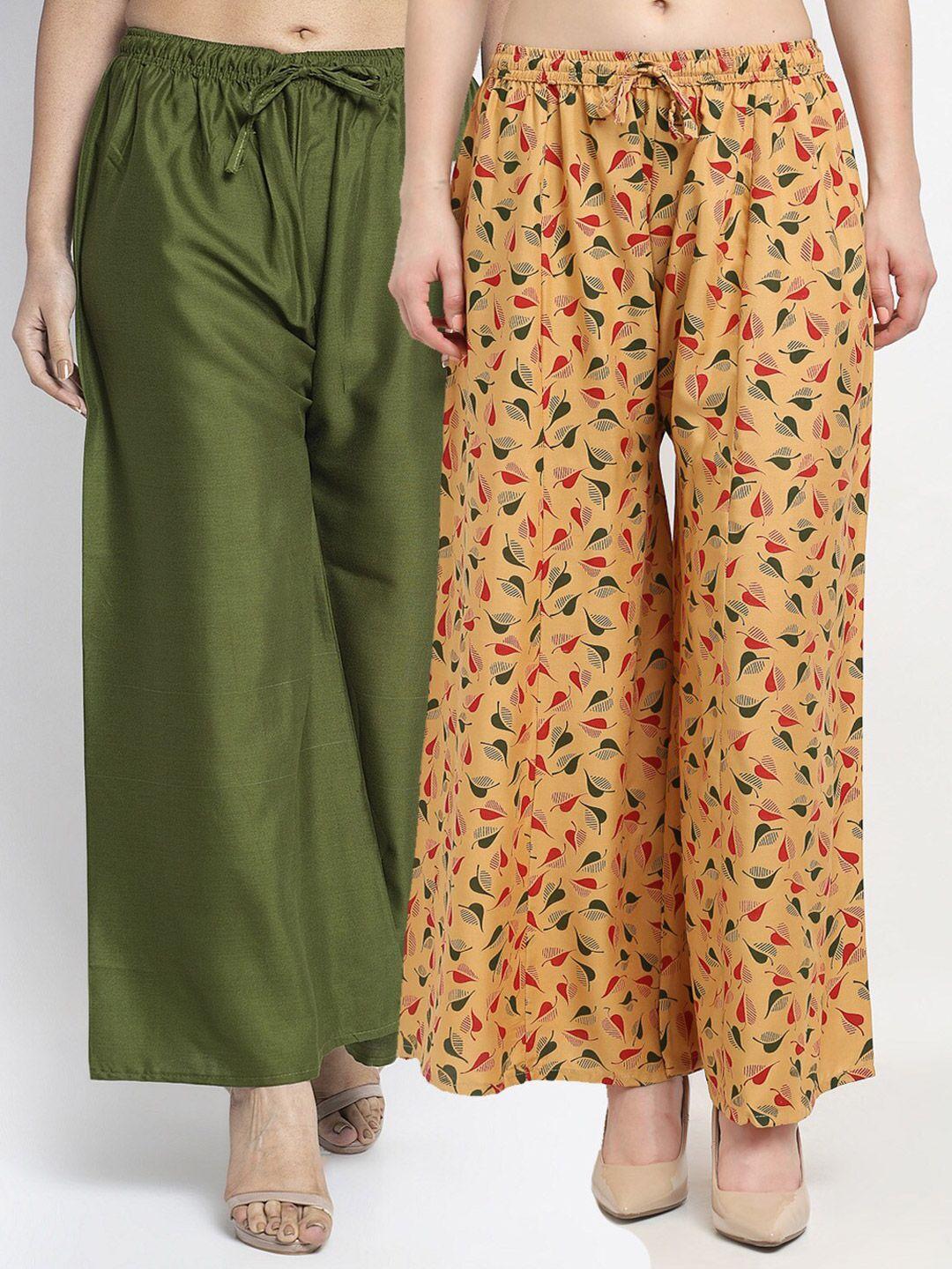 gracit women green & brown set of 2 floral printed flared ethnic palazzos