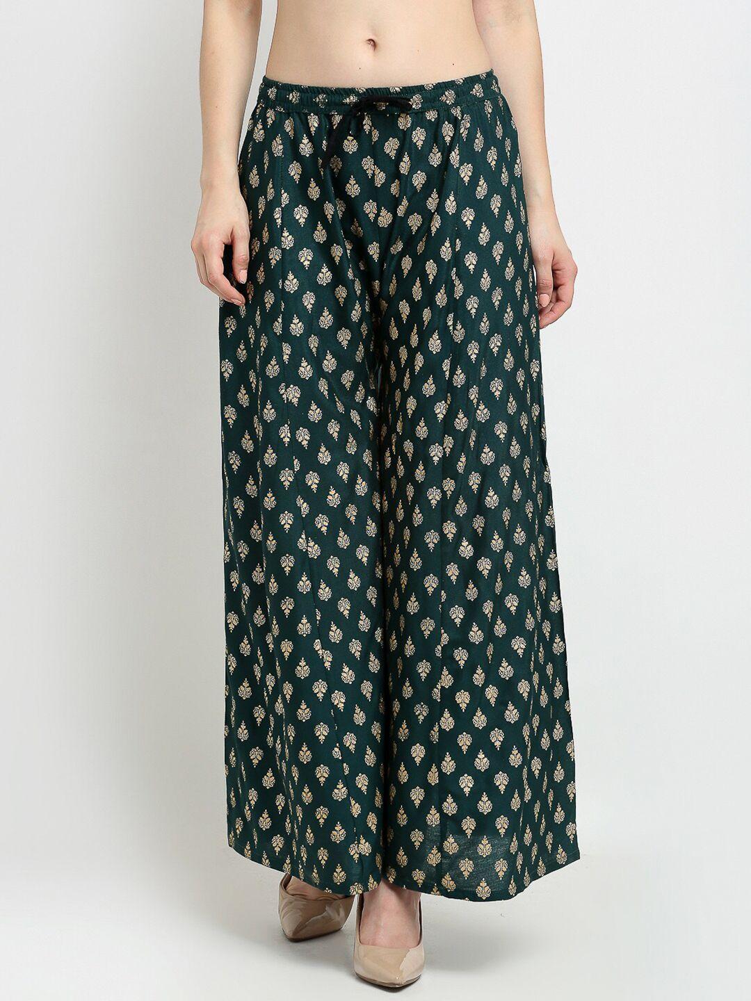 gracit women green & gold-toned printed wide leg palazzo