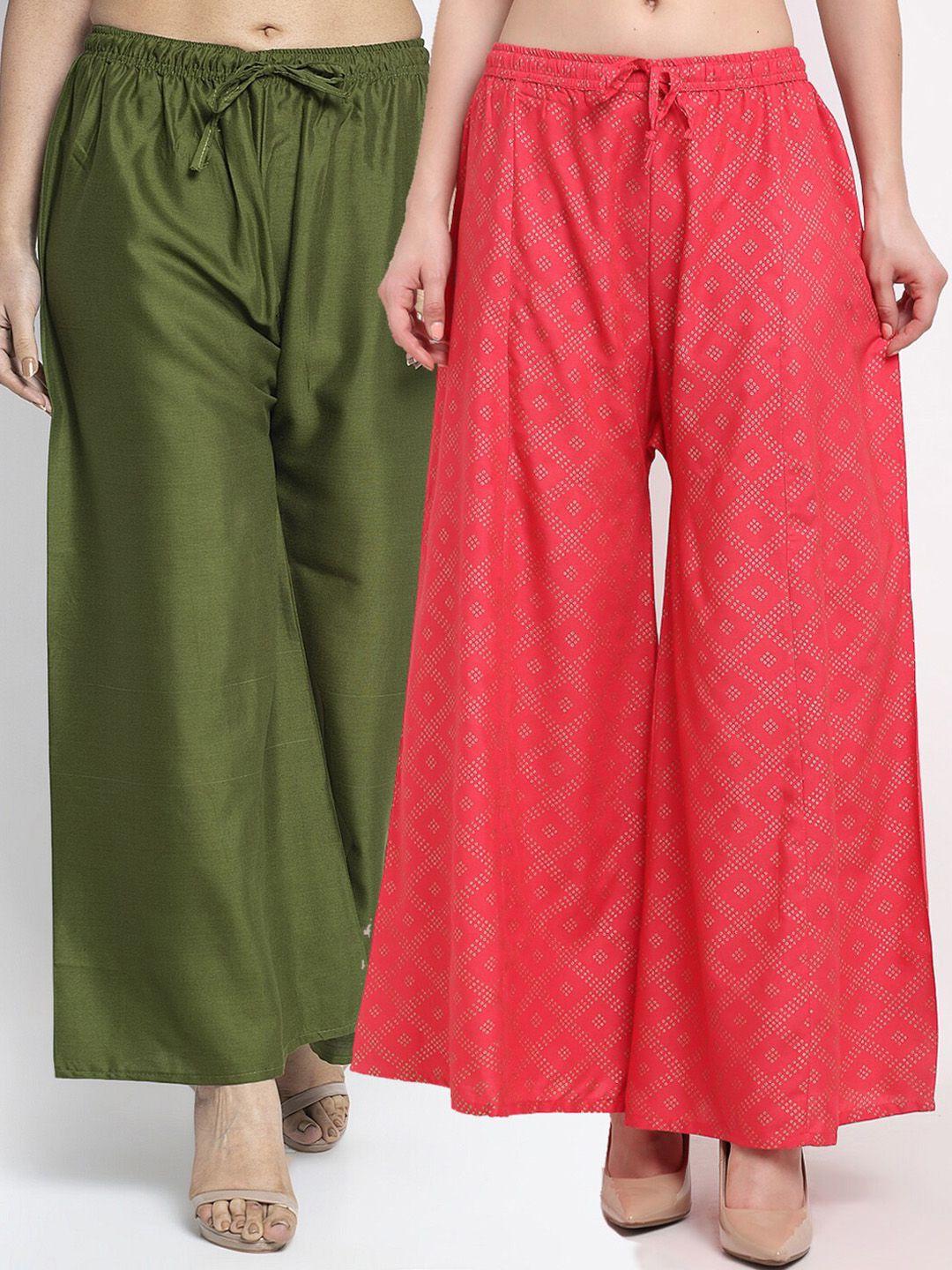 gracit women green & pink 2 flared knitted ethnic palazzos