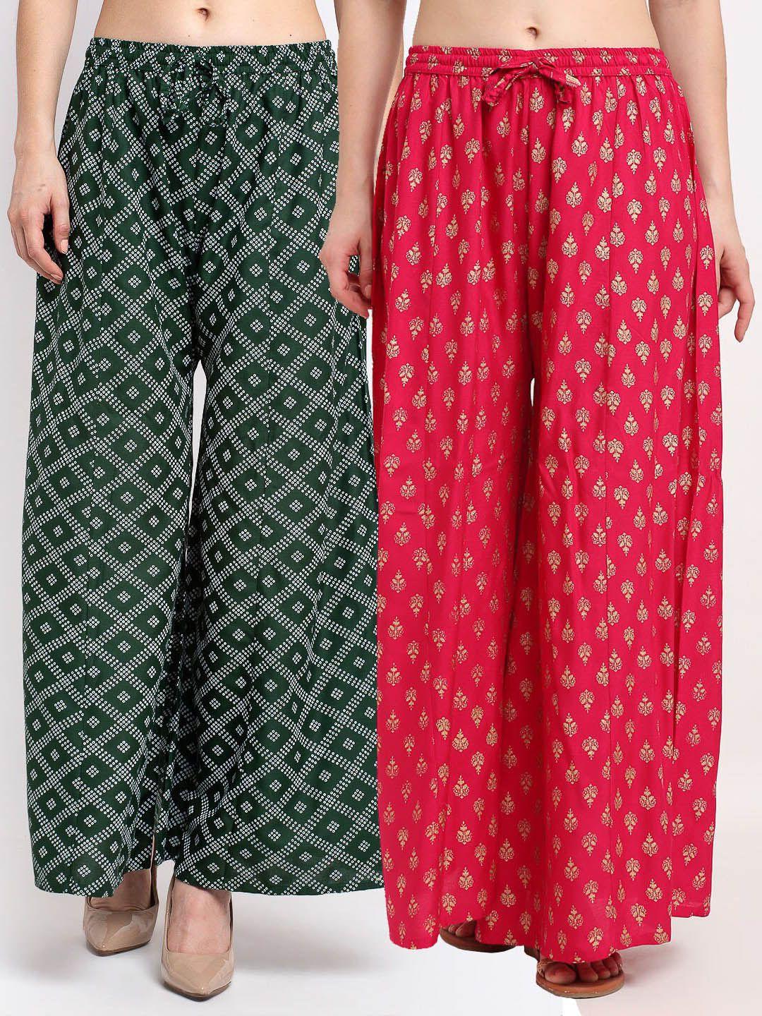 gracit women green & pink 2 printed knitted ethnic palazzos