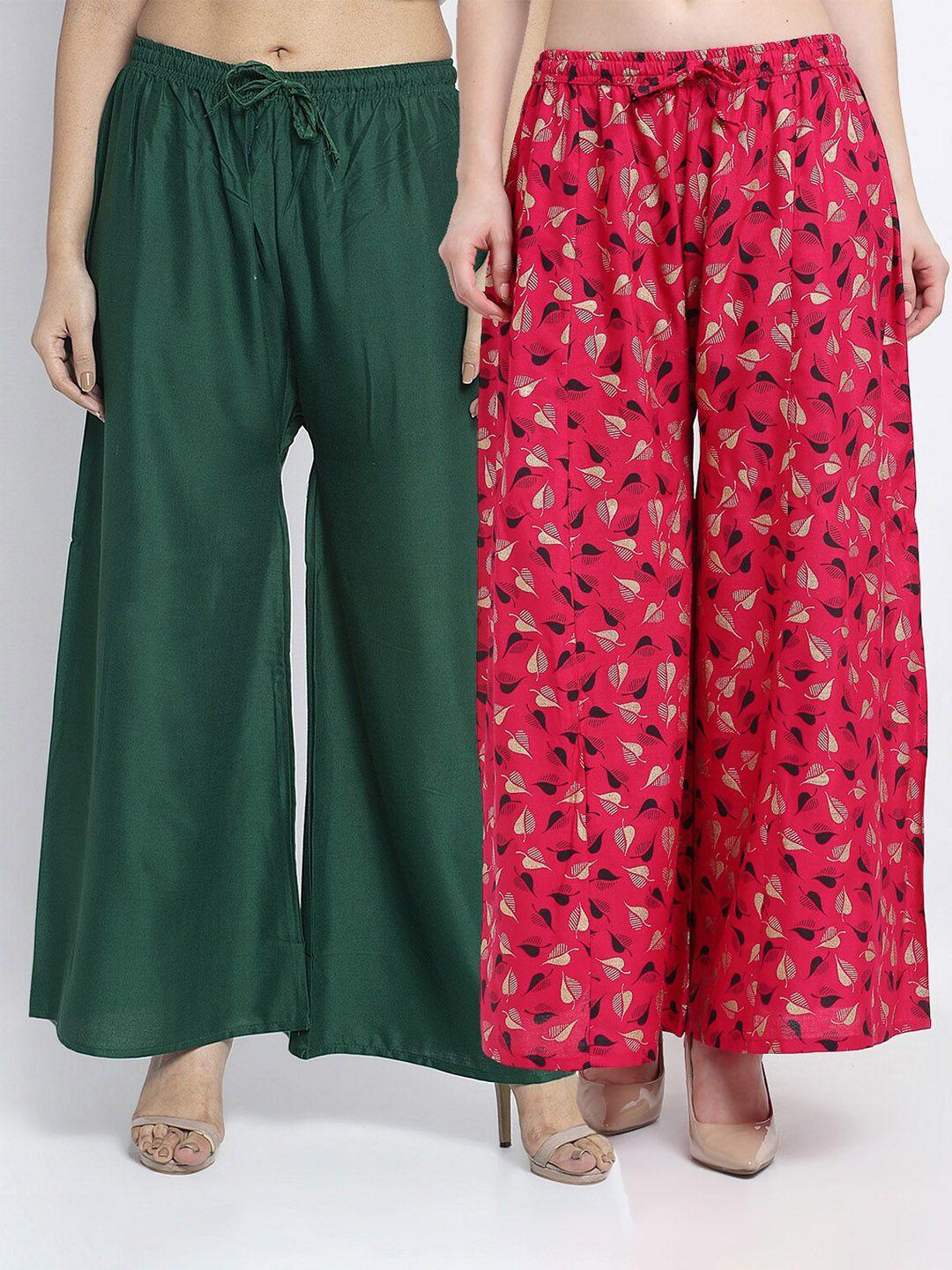 gracit women green & pink pack of 2 printed palazzos