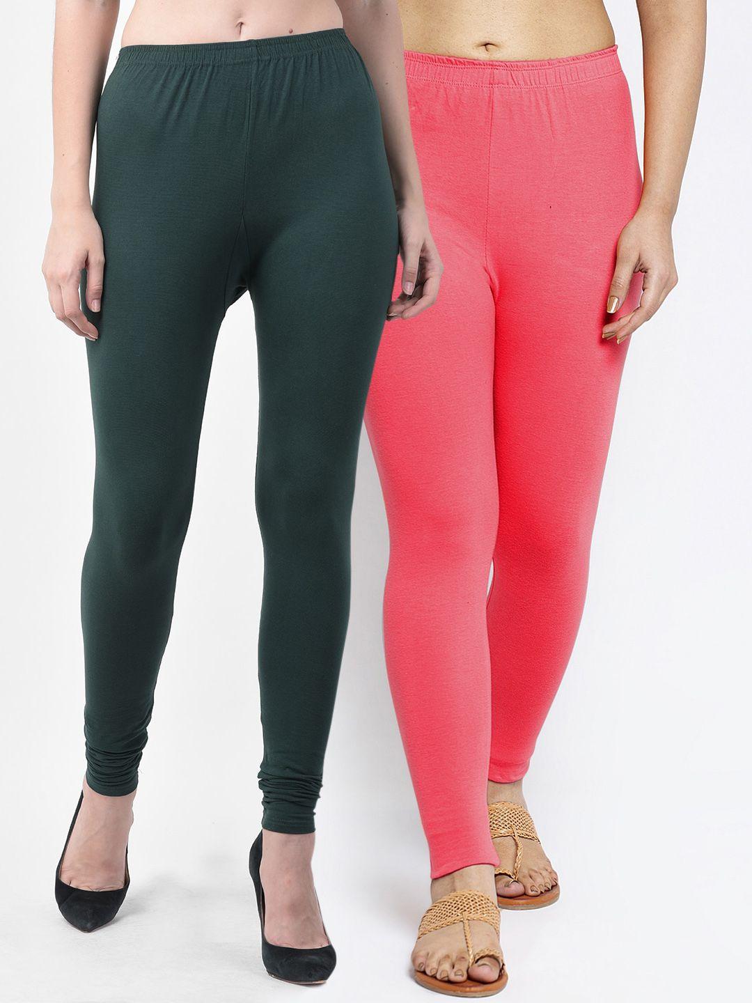 gracit women green & pink pack of 2 solid ankle-length leggings