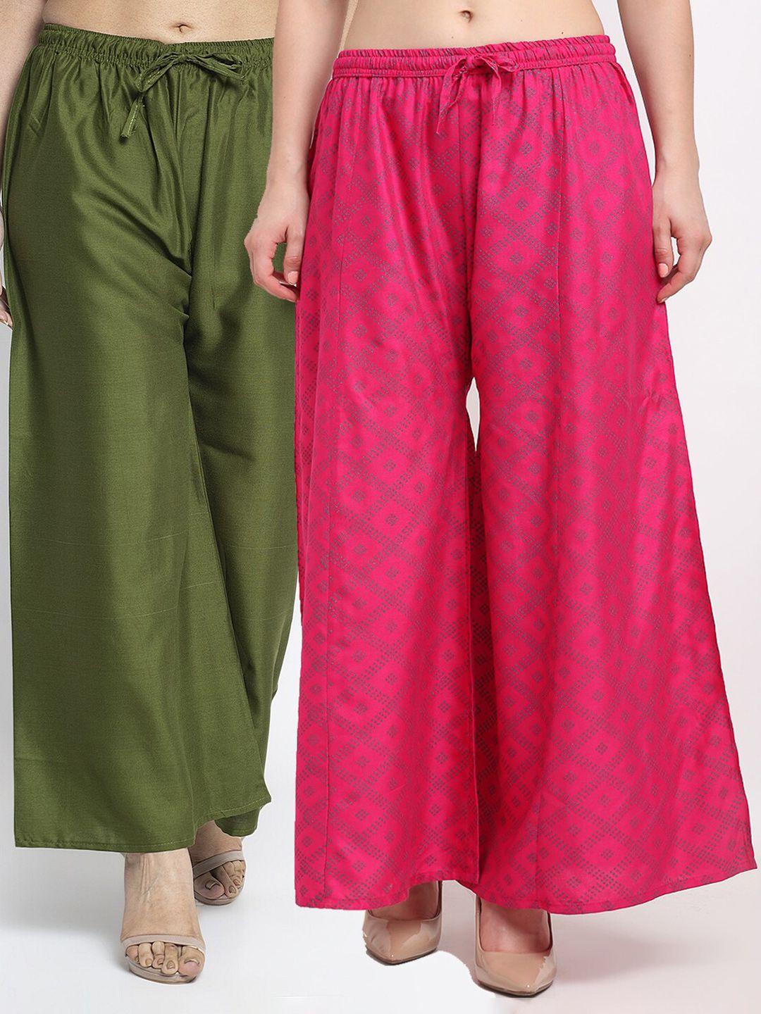 gracit women green & pink printed flared knitted ethnic palazzos pack of 2