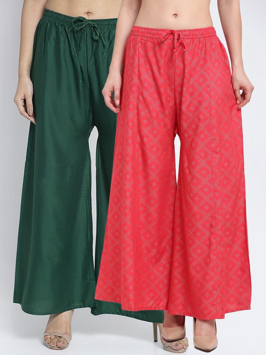 gracit women green & red set of 2 flared ethnic palazzos