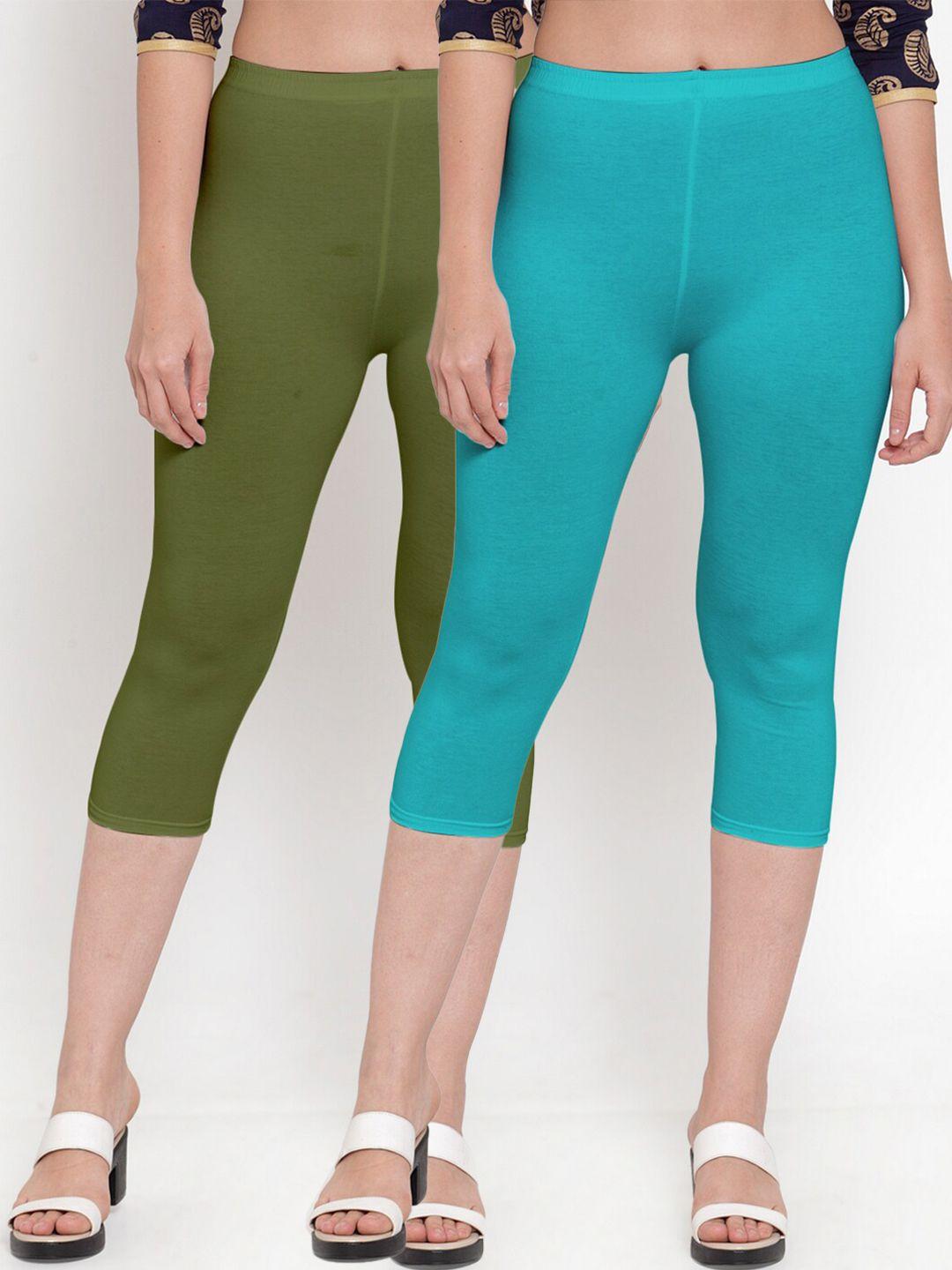 gracit women green & turquoise blue set of 2 cotton lycra capris