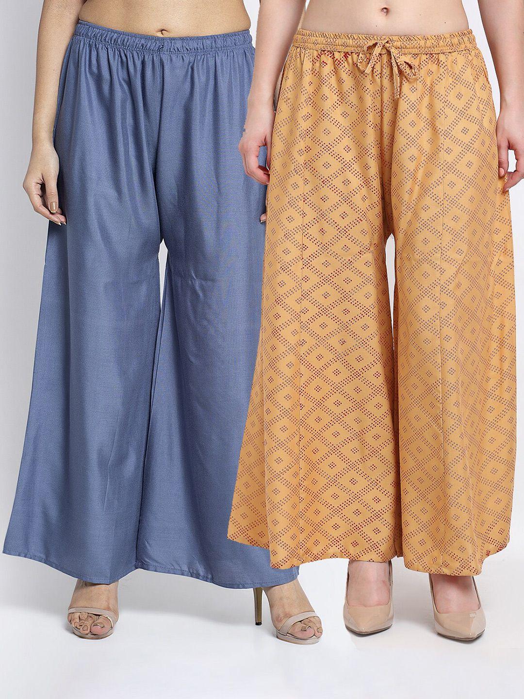 gracit women grey & beige pack of 2 printed flared ethnic palazzos