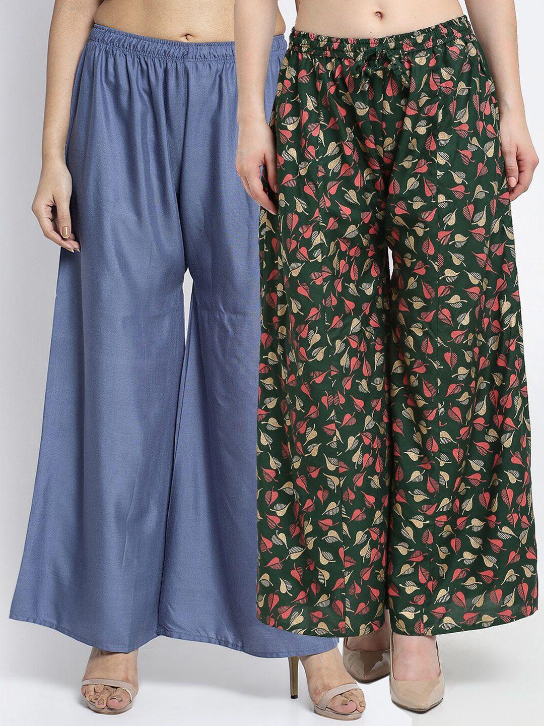 gracit women grey & green pack of 2 abstract printed & solid flared fit palazzos