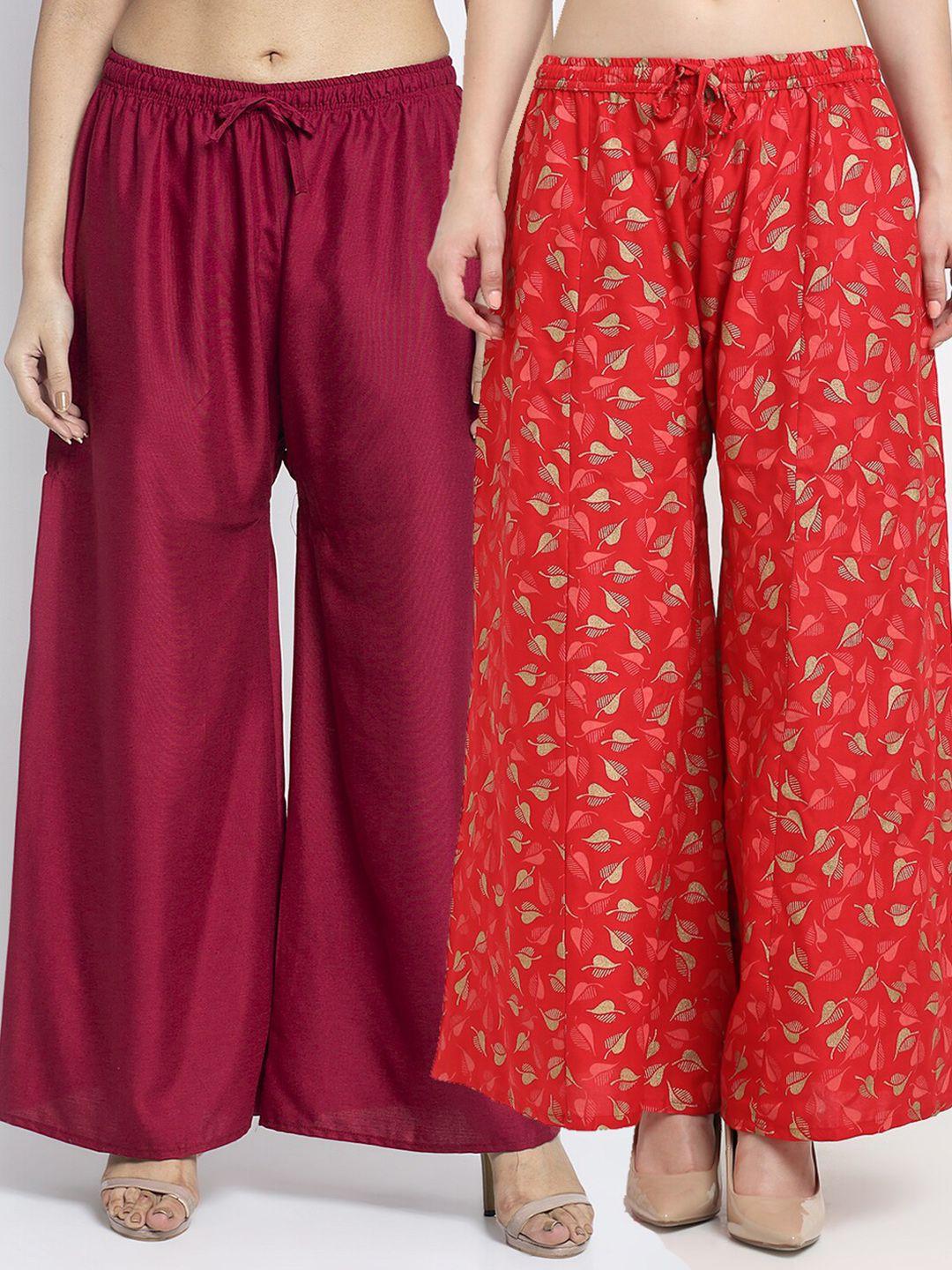 gracit women maroon & red set of 2 printed flared ethnic palazzos