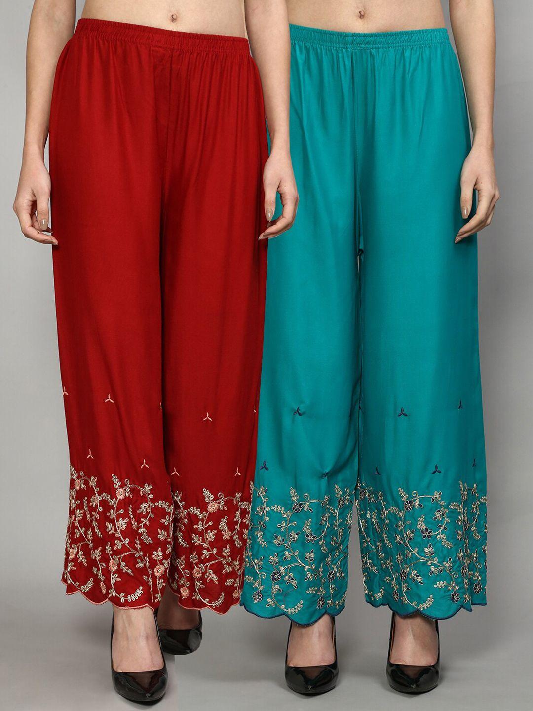 gracit women maroon & turquoise blue set of 2 floral embroidered flared ethnic palazzos