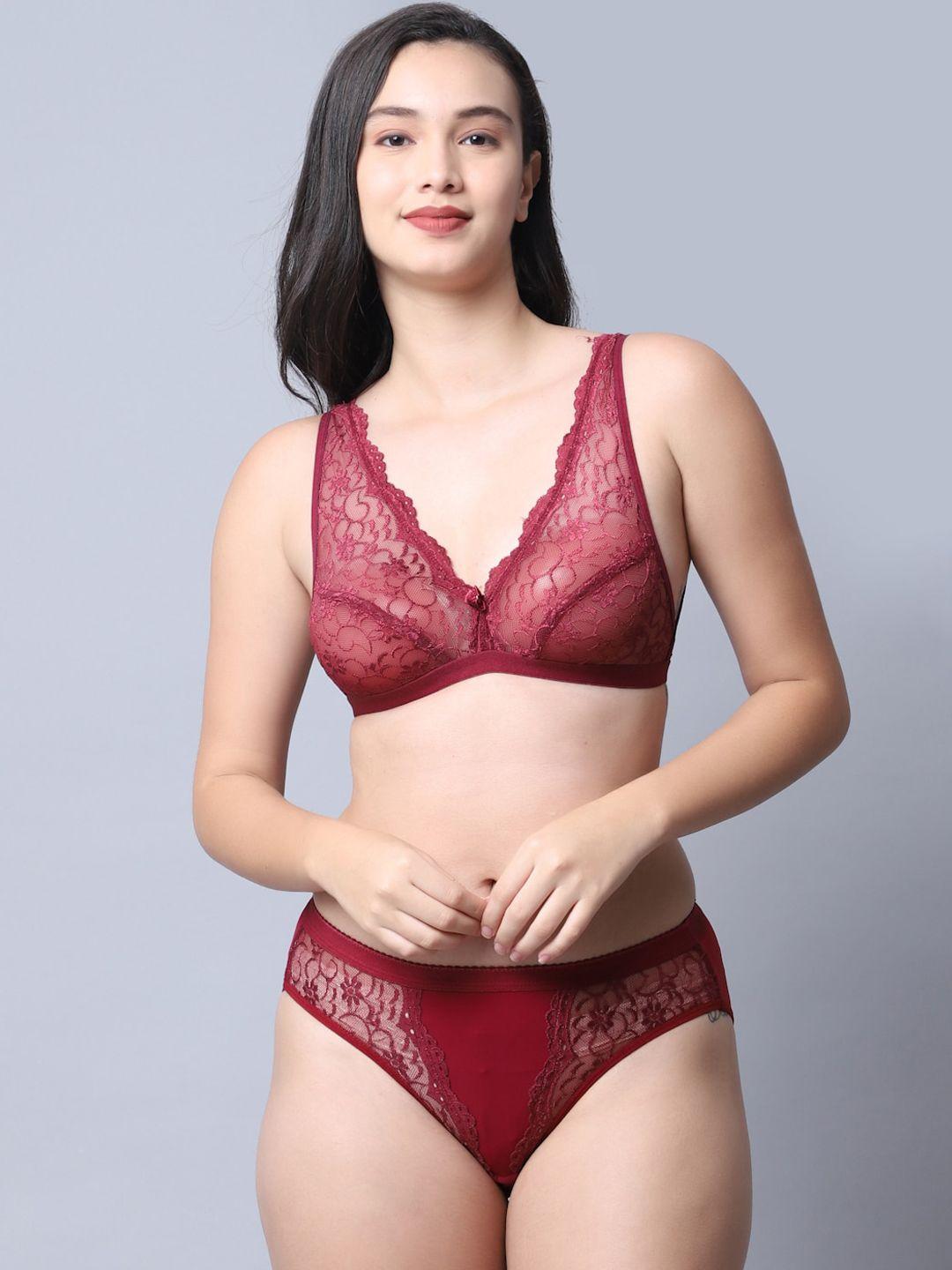 gracit women maroon self design net lingerie set