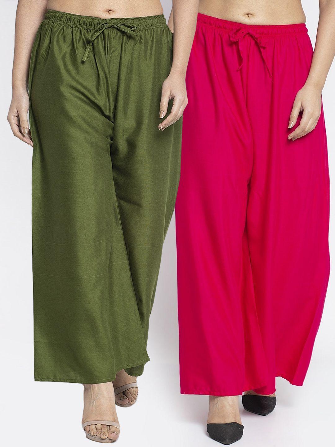 gracit women olive green & pink solid wide leg palazzos