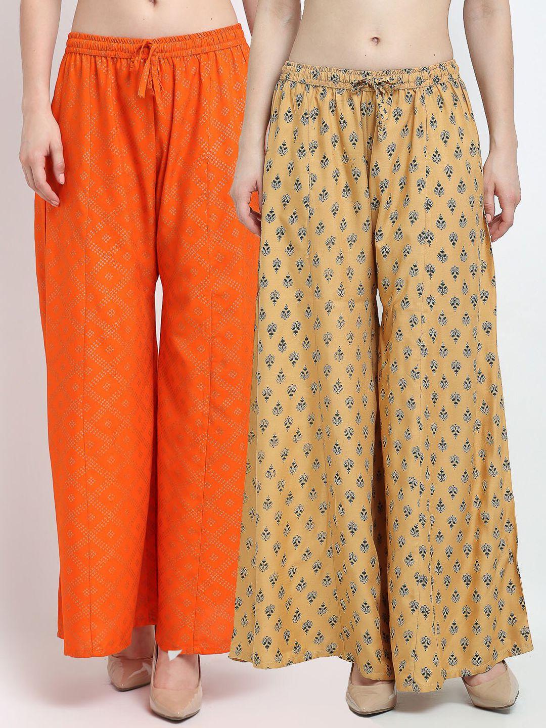 gracit women orange & beige 2 floral printed knitted ethnic palazzos