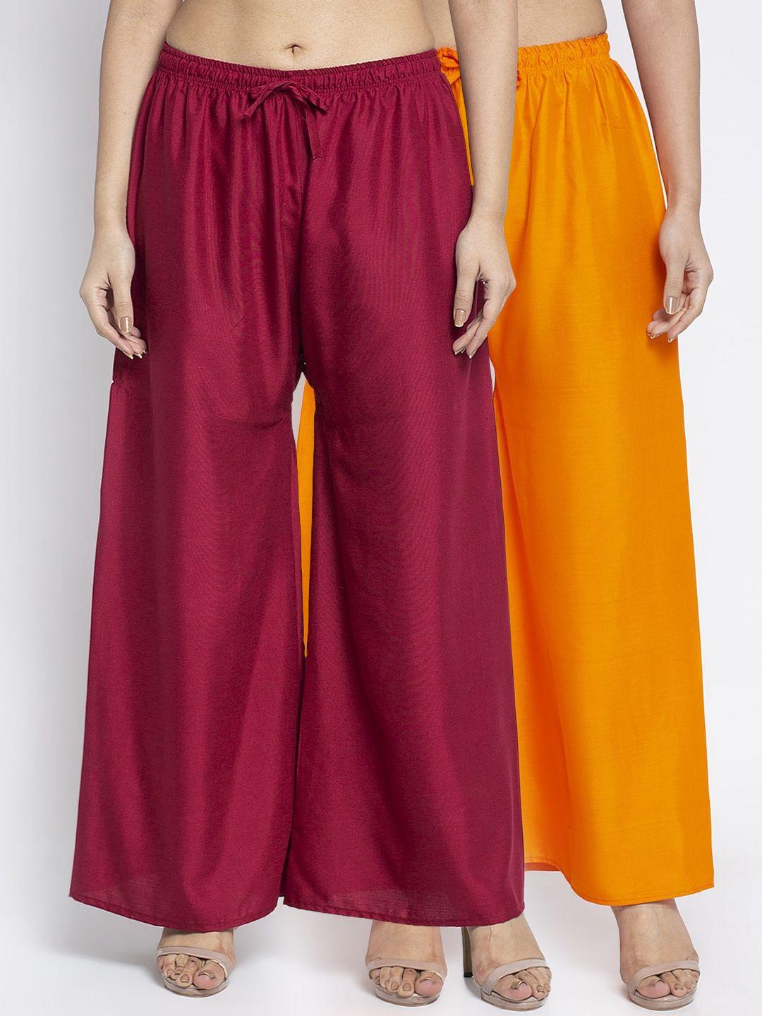 gracit women orange & maroon solid wide leg palazzos