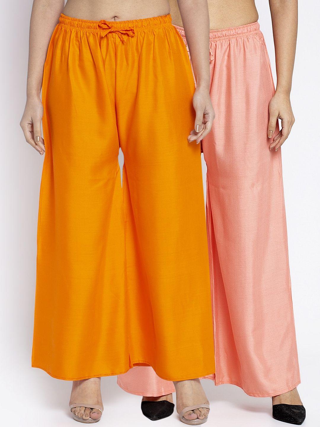 gracit women orange & peach-coloured solid wide leg palazzos