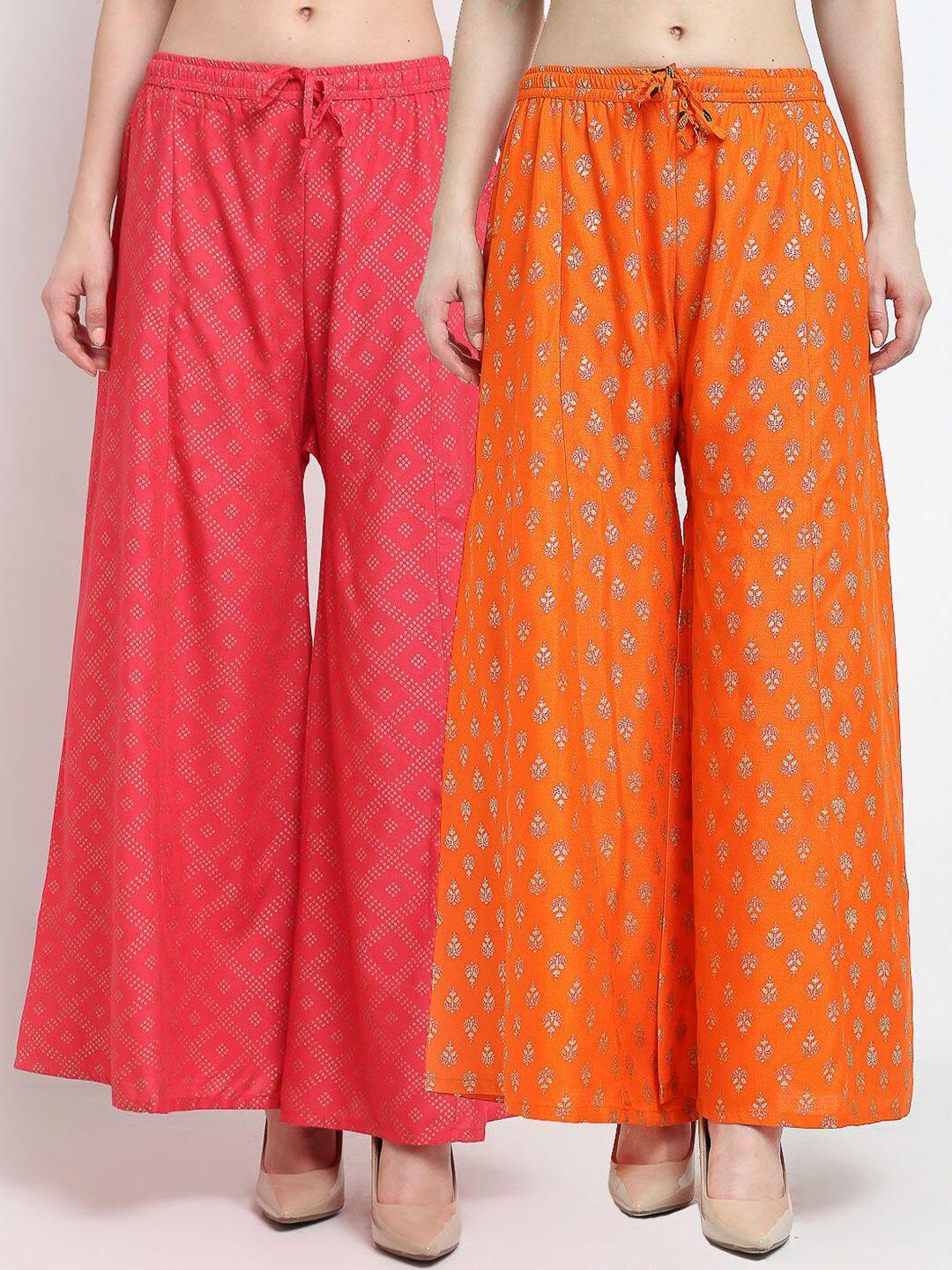 gracit women orange & pink 2 printed knitted ethnic palazzos