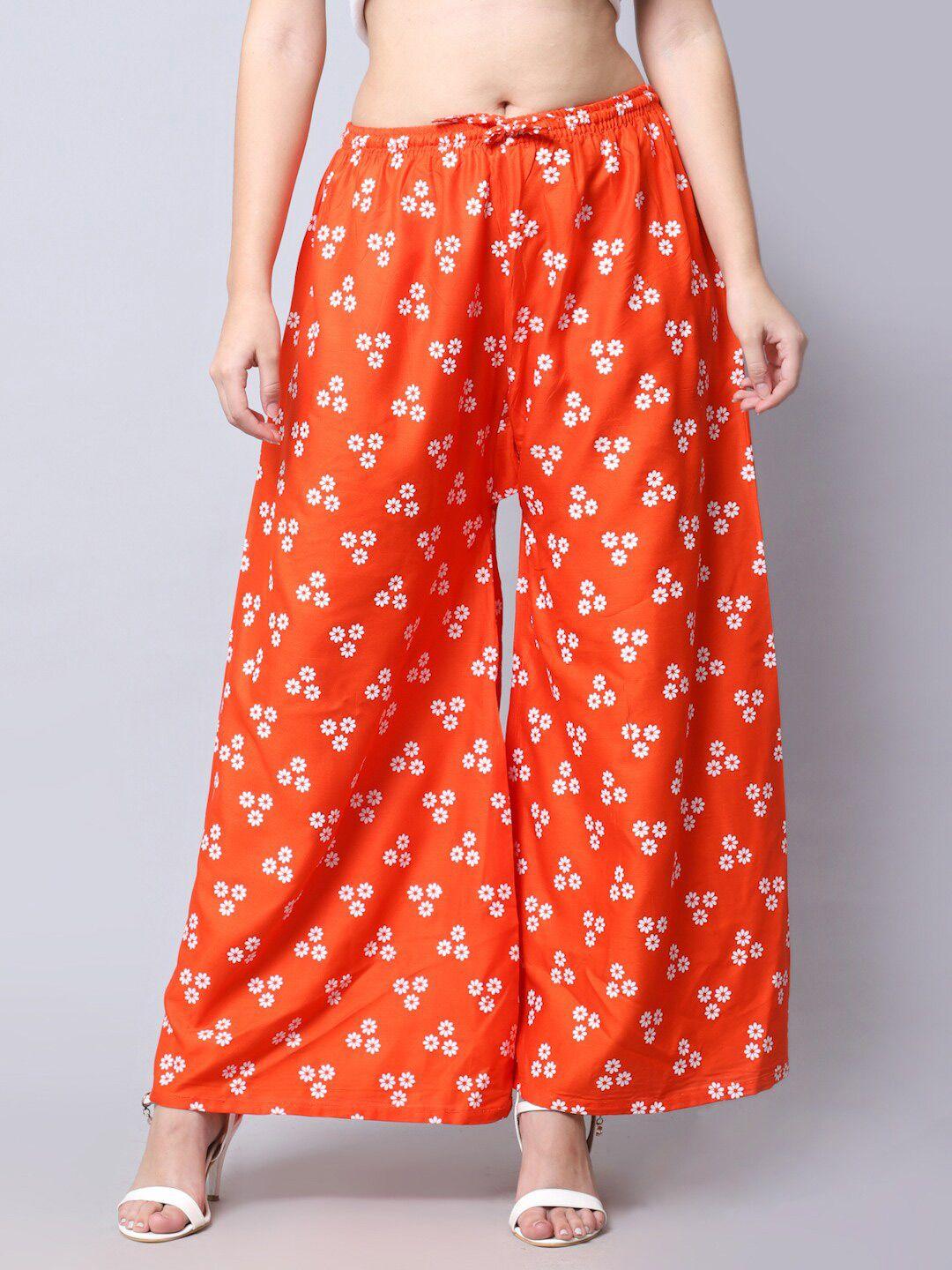 gracit women orange & white floral printed wide leg ethnic palazzos